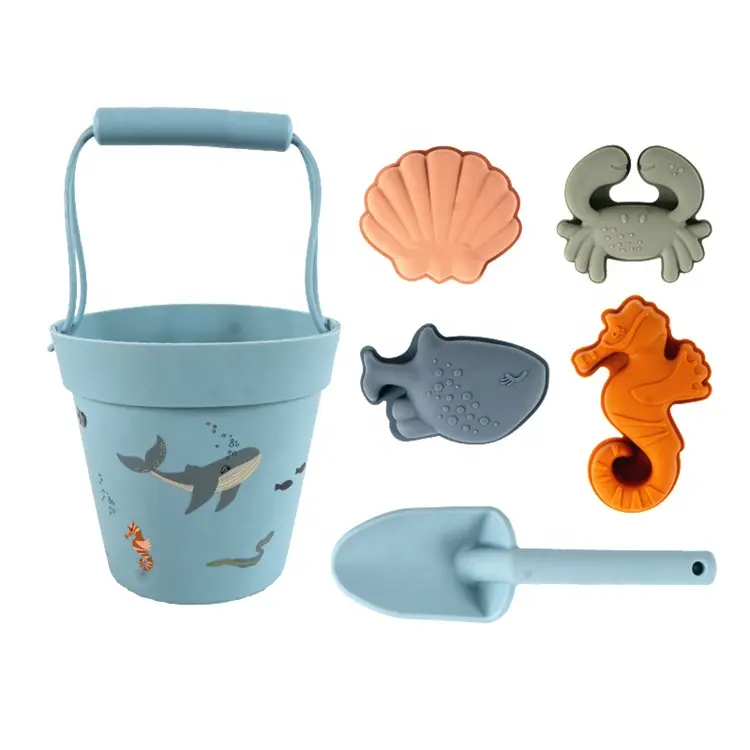 Low MOQ BPA Free Crianças Silicone Sand Bucket Toys Set Kids Play Pail Spade Set Soft Silicone Sand Beach Toys Set para bebê