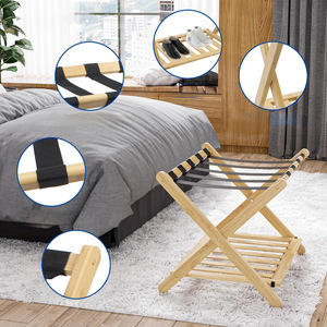 Bamboo Luggage Rack Double Layer Foldable <b>Storage</b> For Shoes And <b>Suitcases</b> Hotel Use - Product Image 3