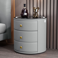Table d'appoint intelligente de luxe, ronde, avec 3 tiroirs de rangement, charge sans fil, USB, lumière LED, simili cuir, table de chevet pour chambre à coucher