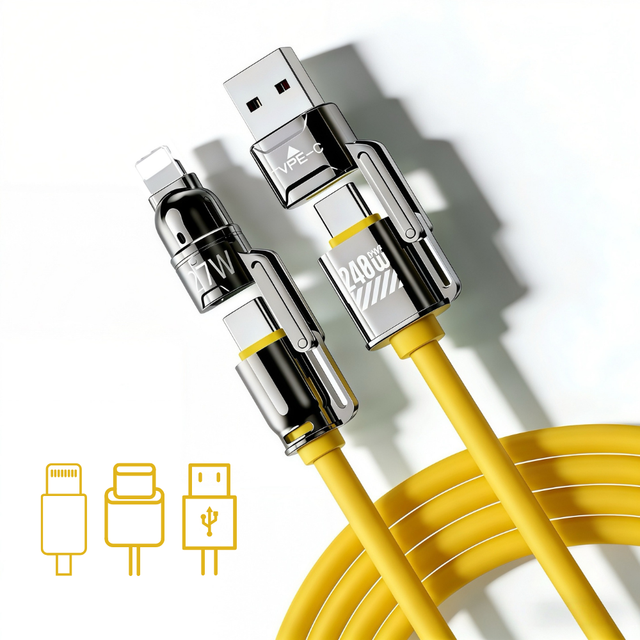 Portable 240W 4 in 1 Charging Cable, PD 3.1 Liquid Silicone Multi Port USB C to C Light-ning Data Cord for Car Office Desk Setup
