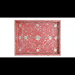 Plateau rectangulaire en incrustation de nacre avec motif en grille Plateau de service en bois fait à la main pour bureau Table Bar Comptoir Décor Cadeau - Product Image 1