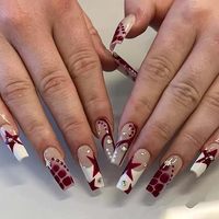 Uñas Postizas Largas Tipo Ataúd al por Mayor, Color Borgoña con Estrellas, Uñas Artificiales Personalizadas con Etiqueta Privada, Suministros de Belleza para Uñas