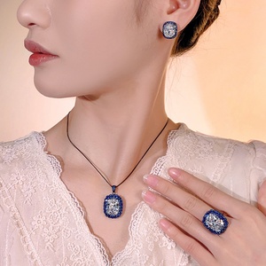 Fashion Eco-friendly Copper Exaggerated Jewelry Set 12*16mm White Cubic Zirconia Gold Plated Blue Zircon Statement Wedding Party - Product Image 6