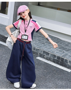 Set di Abbigliamento per Bambine Estate 2026: <span class=keywords><strong>Polo</strong></span> a Righe <span class=keywords><strong>Bianca</strong></span> e Rosa + Pantaloni Larghi Blu Navy, Completo 2 Pezzi - Product Image 6