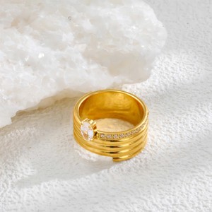 Anillo de Banda Ancha de Acero Inoxidable Chapado en Oro de 18K Vintage de Lujo con Diseño de Nicho de Circonita en Forma de Gota de Agua, Joyería de Alta Gama - Product Image 3