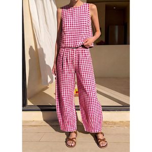 Conjunto de 2 Piezas para Mujer, Top sin Mangas a Cuadros y Pantalones Anchos, Estilo Casual de Verano, Transpirable, de Algodón y Fibra de Bambú - Product Image 2