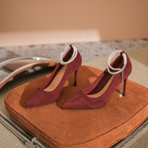 9888J Women's <b>Red</b> Suede <b>Pumps</b> Pointed Toe Ankle Strap Stiletto Heel Bridal Shoes With Pearl Bead Decoration - Product Image 1