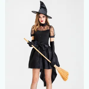 Kostum Penyihir Mistis WANITA HITAM Dewasa Cosplay Dewasa Kostum Halloween Seksi Gaun Mewah dengan Topi