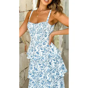 Frühling und Sommer neues gekräuseltes kleines Blumen riemen kleid