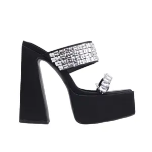 2024スクエアトゥチャンキーヒールハイプラットフォームバックレスハイヒールブラックカラーレディースシューズダイヤモンドで覆われた女性の靴