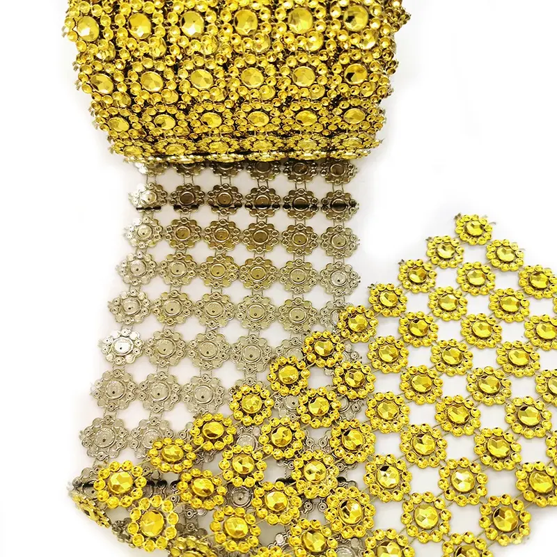 6 שורות 10 מטרים זהב פלסטיק bendable יהלומי גלישת רול פרח צורת ריינסטון רשת garniture עבור DIY קישוט
