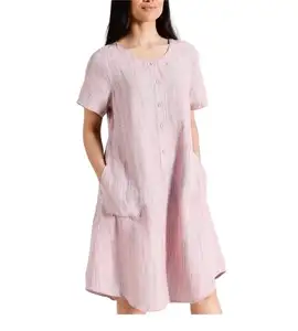 Summer Women's Casual Loose Short Sleeves Linen Dress Customized Plus Size Woven Fabric With Natural Waistline Printed Buttons