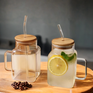 Bouteille en verre borosilicate carrée style <span class=keywords><strong>CHAPLIN</strong></span> avec couvercle en bambou et poignée, capacité 620 ml, tasse à café/thé au lait faite à la main, compatible micro-ondes - Product Image 4