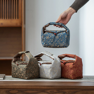 Bolsa de Almacenamiento de Té de Brocado Guanlan Lotus, Rectangular, Portátil, Engrosada, con Compartimentos, Accesorio para la Ceremonia del Té - Product Image 1
