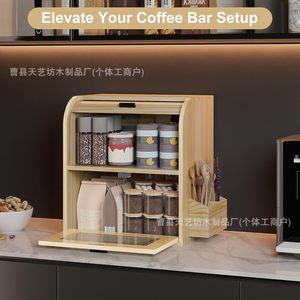 Wooden Bread <b>Storage</b> <b>Box</b> Double Layer With <b>Drawer</b> And Cutlery Holder Natural Wood Color Flip Top Design - Product Image 4