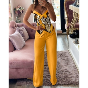 Conjunto de 2 piezas de moda para mujer: Top halter sin mangas con estampado casual y pantalones de doble botonadura - Product Image 4