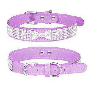 Collier pour animaux de compagnie en microfibre douce de couleur macaron avec nœud en strass, vente chaude, petite taille, laisse pour chat et chien, collier pour animaux de compagnie en strass - Product Image 1