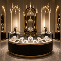 Aménagement intérieur de bijouterie de luxe de style brutaliste, vitrine arquée noire et or sur mesure et aménagement de boutique pour centres commerciaux de luxe
