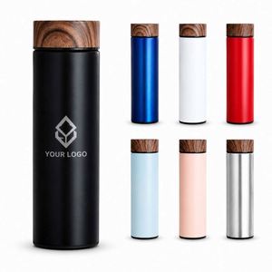 Custom Double Wall Vacuum Insulated Stainless Steel <b>Thermos</b> Water <b>Bottle</b> with Wood Grain Lid Promotional Corporate Gift Flask - Product Image 1