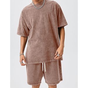 FOXA Mens Sweat Shorts Acid Washed Cotton <b>Elastic</b> Waist Drawstring Workout Jogger Pants With Pockets - Product Image 4
