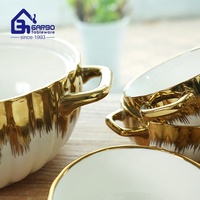 Grande capacité, pot à soupe en céramique nordique, décoratif, plaqué or de luxe, soupière en porcelaine, ensemble de soupière avec support en bois