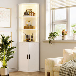 עיצוב מודרני עץ לבן בגודל 5 שכבות מדף ספרים עם דלתות ואור הוביל - Product Image 2