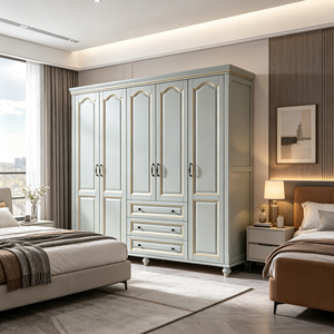 Armoire traditionnelle à 5 portes avec 3 tiroirs, meubles de chambre à coucher en MDF, armoire autoportante, gris clair, finition dorée - Product Image 1