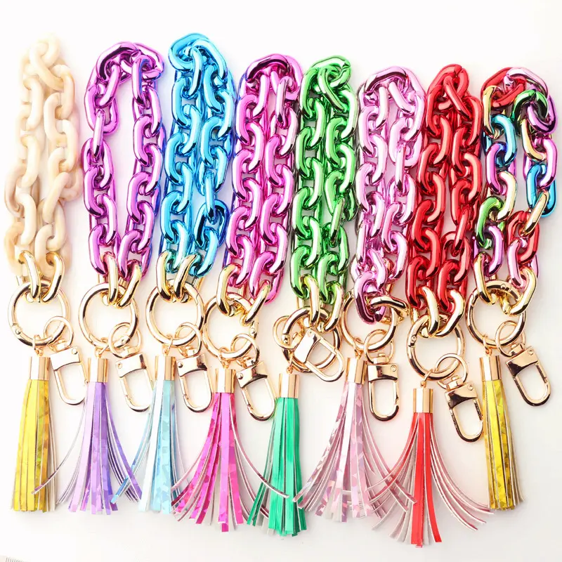 2022 Newest Design Colorful Acrylic Keychain Pu Leather Tassel Key Ring Girls Chain Shape Wristlet Bracelet Keychain for Women
