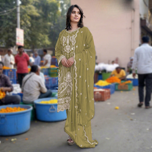 Salwar Kameez vert olive en rayonne brodé pour femme avec dupatta – Tenue traditionnelle indienne et pakistanaise, coupe ample longueur ras du sol - Product Image 1