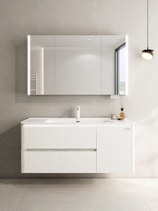 Nouvelle armoire de salle de bain suspendue intelligente blanche avec lavabo intégré en céramique - Product Image 1