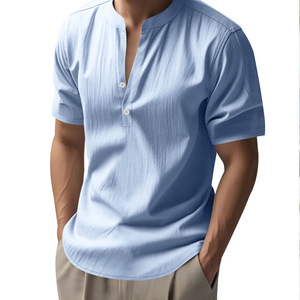 Men's Light Sleeve V-Neck Cotton Poplin Casual Shirt Regular Fit Solid Color Breathable Woven Fabric T-shirt - Product Image 1