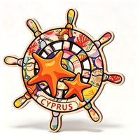 Aimant de réfrigérateur en bois en forme de roue de bateau de Chypre, étoile de mer, coquillage, souvenir de voyage côtier méditerranéen, décoration de réfrigérateur, cadeau de vacances