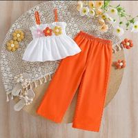 Ensemble d'été mignon deux pièces pour filles : haut sans manches smocké à volants et pantalon large orange pour enfants