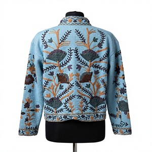 Veste d'hiver courte en laine bleu ciel avec broderie florale Aari du Cachemire et col montant ODM - Product Image 3