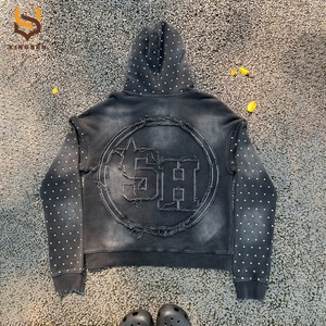 Custom Streetwear High Quality <b>Rhinestone</b> <b>Hoodie</b> Heavyweight Cotton Distress Letter Patch Vintage Oversized Washed Men's <b>Hoodie</b> - Product Image 6