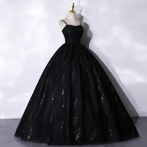 Black Ball Gown Evening Dress Sweetheart Neckline Straps Glitter Organza Fabric For Banquets Stage Performances - Product Image 2