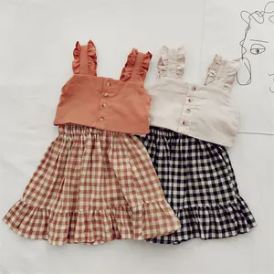 Yoliyolei女童套装吊带，短款上衣和格子裙夏季新款代表3-8岁儿童服装女童套装/