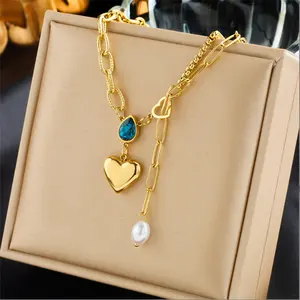 Stainless Steel Heart Pendant Necklace For Women Girl New Trend Blue Crystal Pearl Choker Chain Jewelry Gift Party
