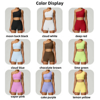Ensemble de yoga 2 pièces personnalisé avec logo : Soutien-gorge de sport asymétrique, short de course, survêtement, haut de fitness push-up, ensemble short de yoga pour femme