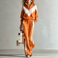 Ensemble de survêtement décontracté contrasté automne-hiver, sweat à capuche zippé pour femme, pantalon large