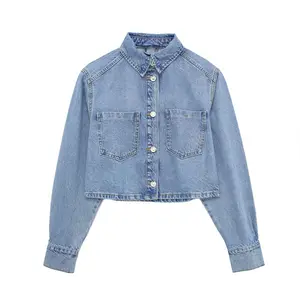2023 wholesale plain blazer ladies long sleeve button down crop tops custom denim jean short shirt jackets for women suppliers