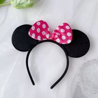 Headband Kain Buatan Tangan Motif Kepala Tikus dengan Pita dan Polkadot untuk Pertunjukan dan Taman Hiburan, Telinga Hitam, Produk Baru YHM