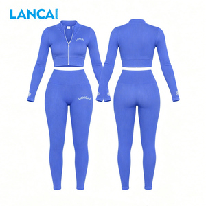 Lancai Wholesale Women's Seamless Yoga <b>Set</b> Quick Dry Fitness Zipper Jacket High Elastic Gym Leggings 2 Piece Sportswear - Product Image 1