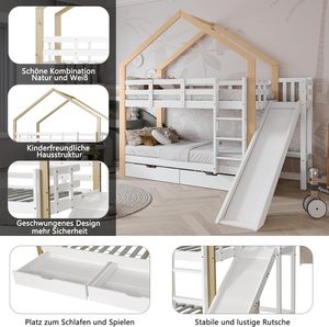 Lit superposé avec toboggan et échelle <span class=keywords><strong>d</strong></span>'<span class=keywords><strong>angle</strong></span> à trois étages et 2 tiroirs Lit de maison avec protection contre les chutes Cadre de lit en bois massif blanc - Product Image 5