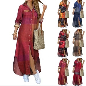 Freizeithemd Knopfleiste V-Ausschnitt Aufdruck Einreiß bedruckt geteilt lange Ärmel lockeres Hemd Damen Maxi-Kleid Kleider - Product Image 1