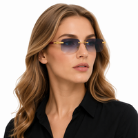 Lunettes de soleil dégradées bleues sans monture en bois pour hommes et femmes, pont doré, rectangulaires, protection UV400, pour l'extérieur, décontractées