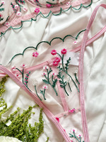 Set Lingerie Bordir Bunga Bordir Bordir Bunga Grosir, Set Bra Kawat dan Thong Jaring Transparan Seksi 2 Potong, Pakaian Dalam Pink Romantis