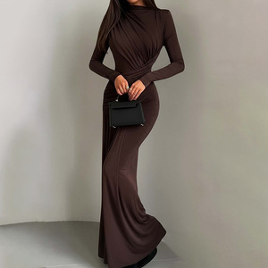 Abito Lungo Elegante da Donna con Arricciature, Maniche Lunghe, Vestito da Sera Formale Aderente - Product Image 1