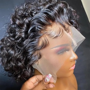 Usine Pixie Curly Perruques de <span class=keywords><strong>Cheveux</strong></span> Humains 13X1 Perruques Transparentes Courtes Bouclées Avant Dentelle 100% Perruques Humaines Couvre-chef pour Femmes Afro Noires - Product Image 1