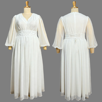 ADR060379 Robes de soirée tendance grandes tailles, col en V, manches lanternes, robe en mousseline de soie blanche, robes longues pour femmes, robes de soirée